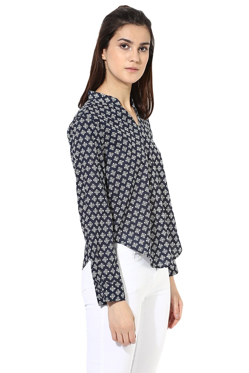 Blue Medium Length Mandarin Collar Long Sleeves Polyester Shirt