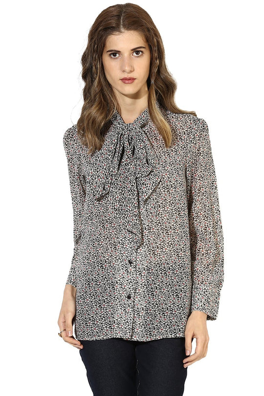 Black Medium Length Tie-Up Neck Long Sleeves Polyester Shirt