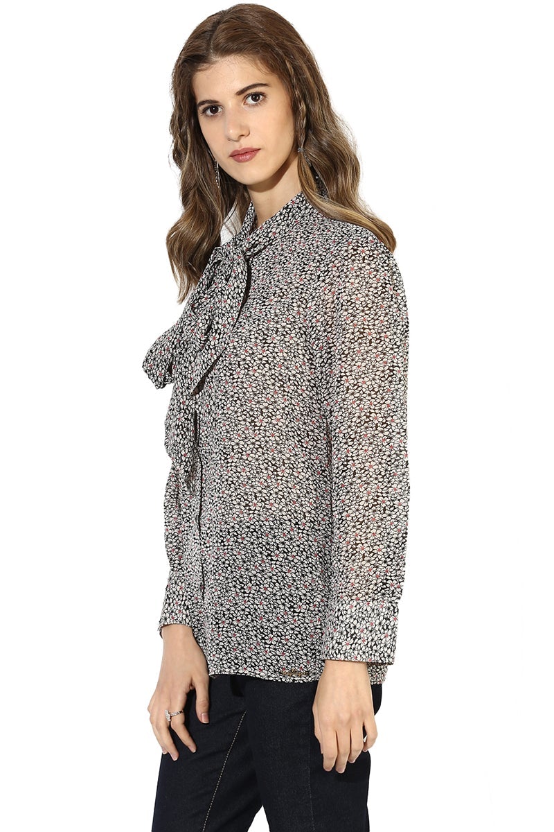 Black Medium Length Tie-Up Neck Long Sleeves Polyester Shirt