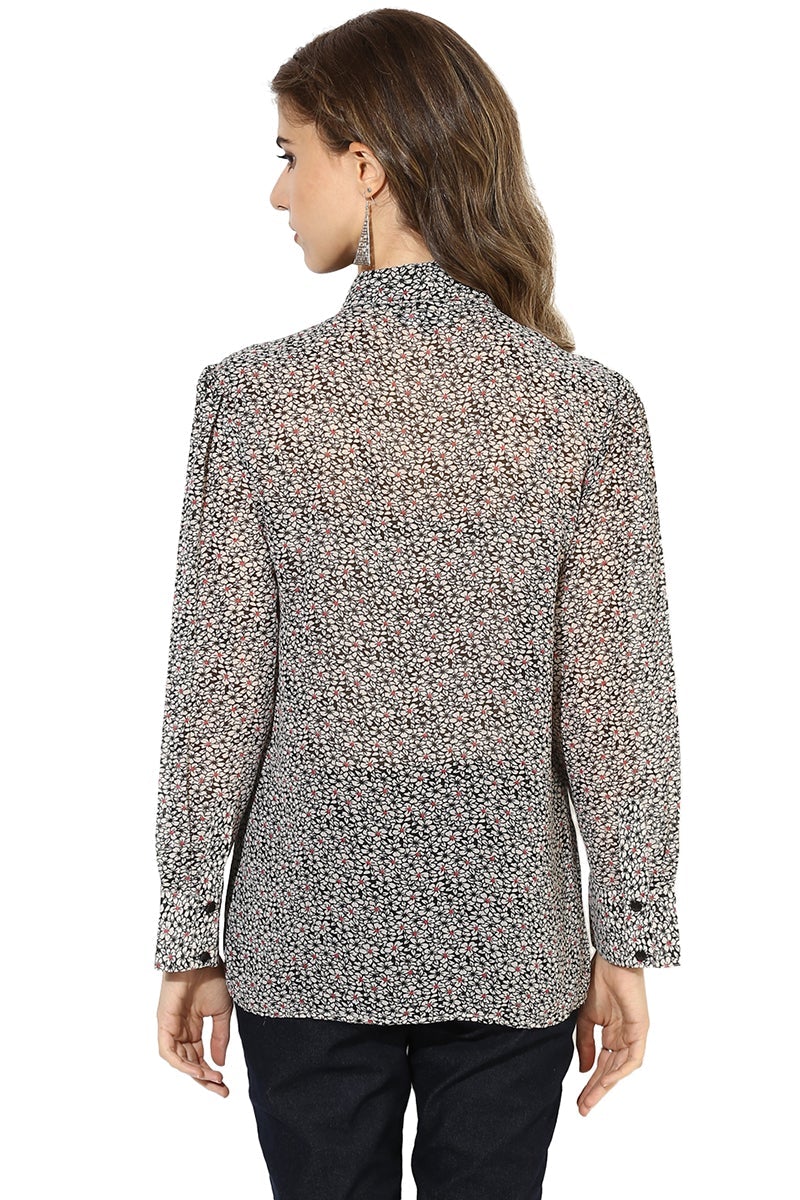 Black Medium Length Tie-Up Neck Long Sleeves Polyester Shirt