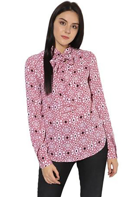 Pink Medium Length Tie-Up Neck Long Sleeves Polyester Shirt