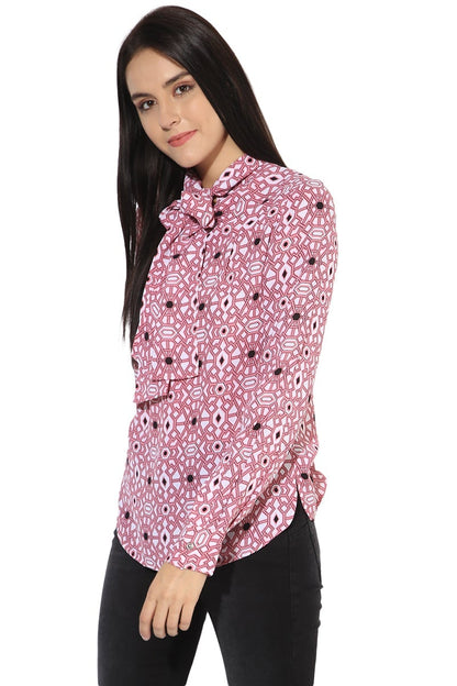 Pink Medium Length Tie-Up Neck Long Sleeves Polyester Shirt