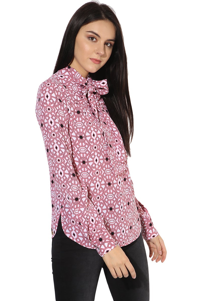 Pink Medium Length Tie-Up Neck Long Sleeves Polyester Shirt