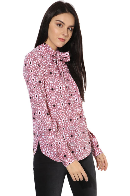 Pink Medium Length Tie-Up Neck Long Sleeves Polyester Shirt
