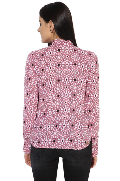 Pink Medium Length Tie-Up Neck Long Sleeves Polyester Shirt