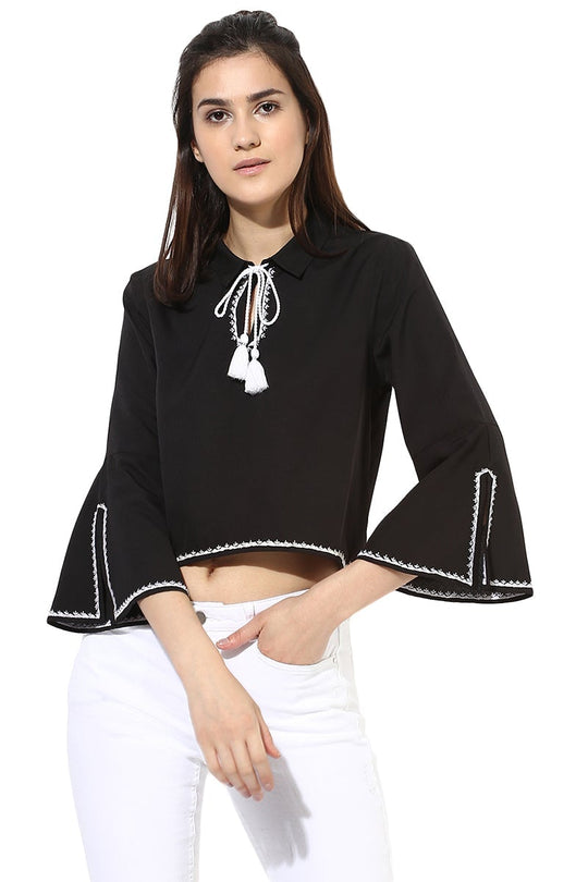 Black Medium Length V-Neck Polyester Top