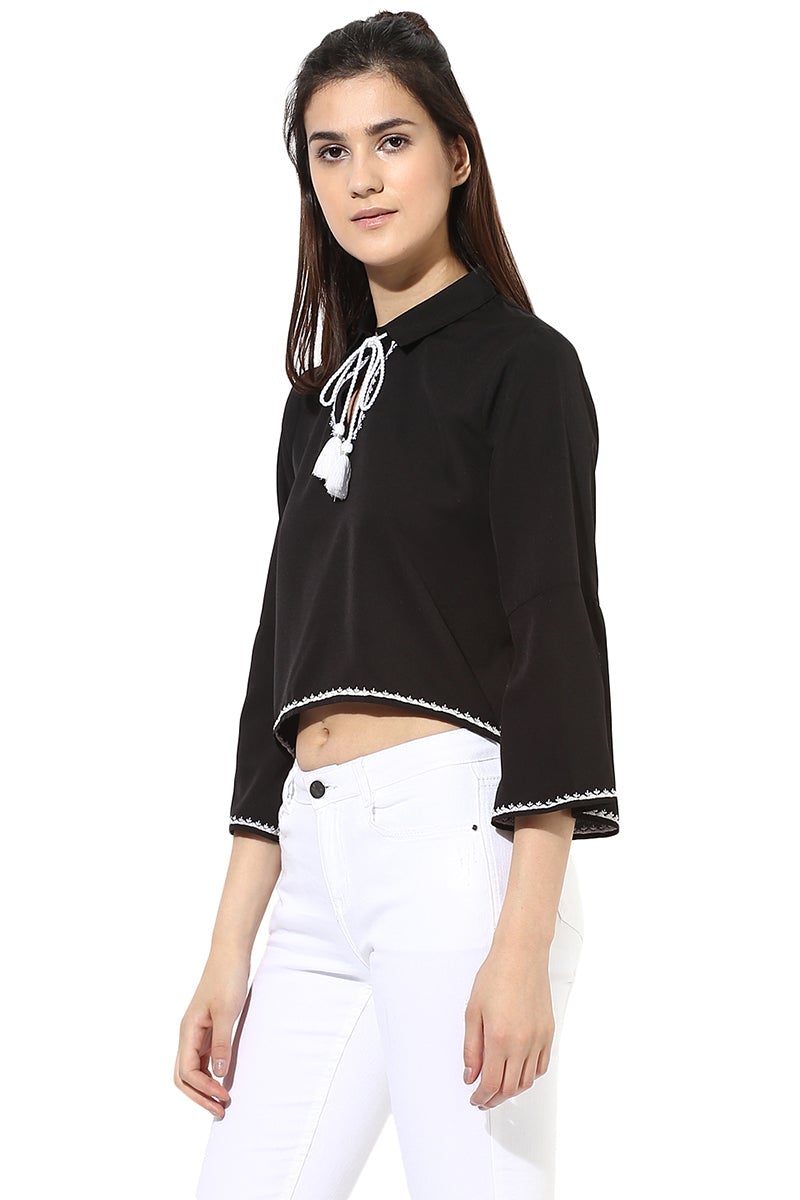 Black Medium Length V-Neck Polyester Top