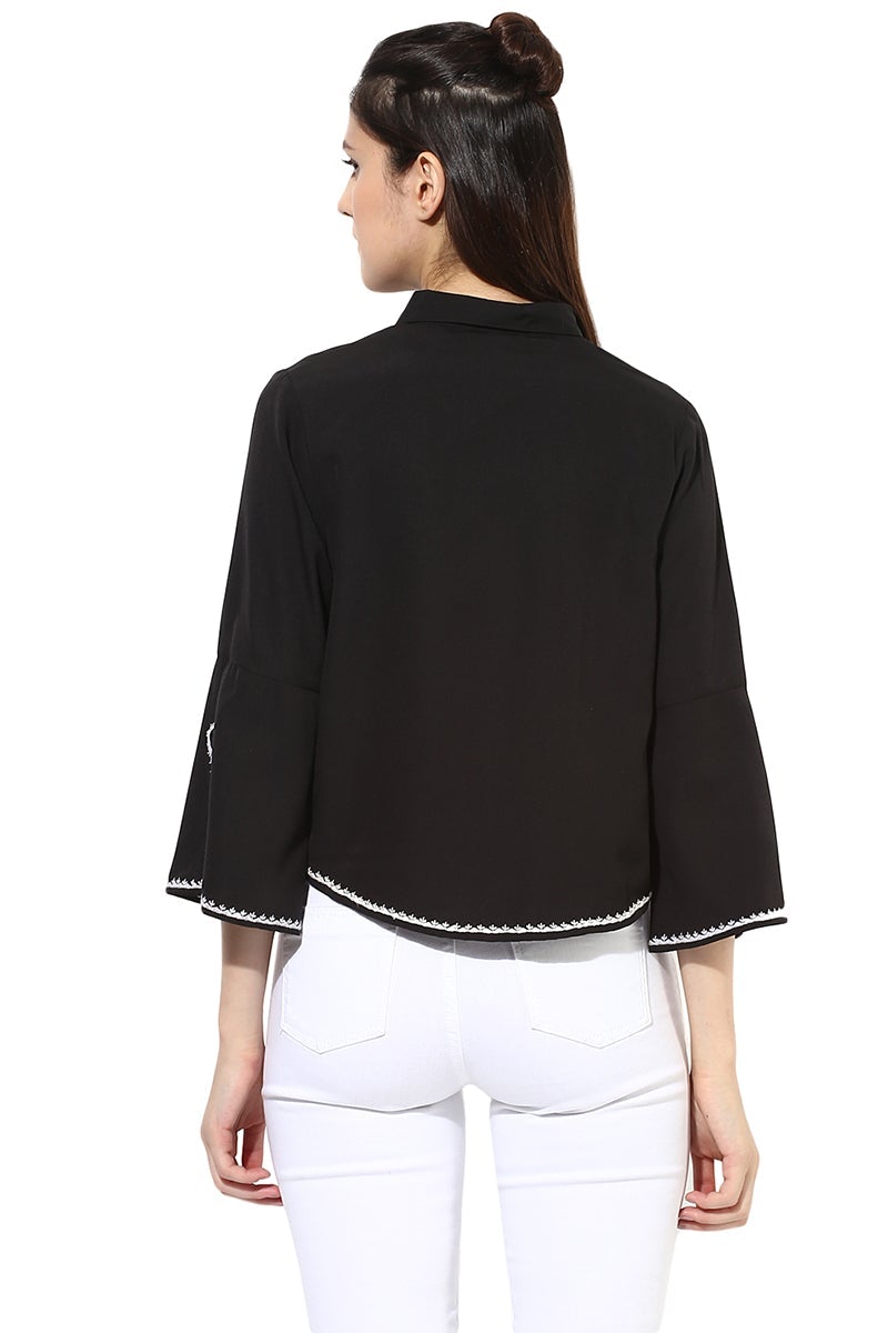 Black Medium Length V-Neck Polyester Top