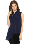 Blue Medium Length Mandarin Collar Polyester Top