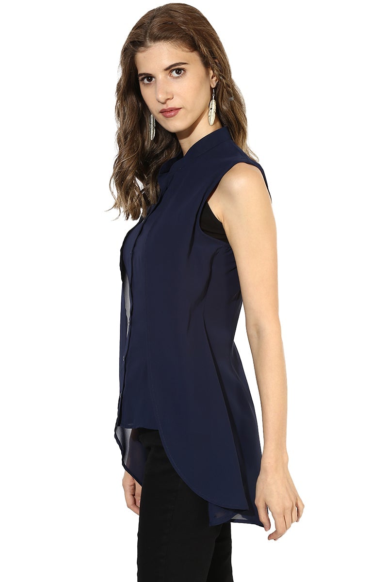 Blue Medium Length Mandarin Collar Polyester Top