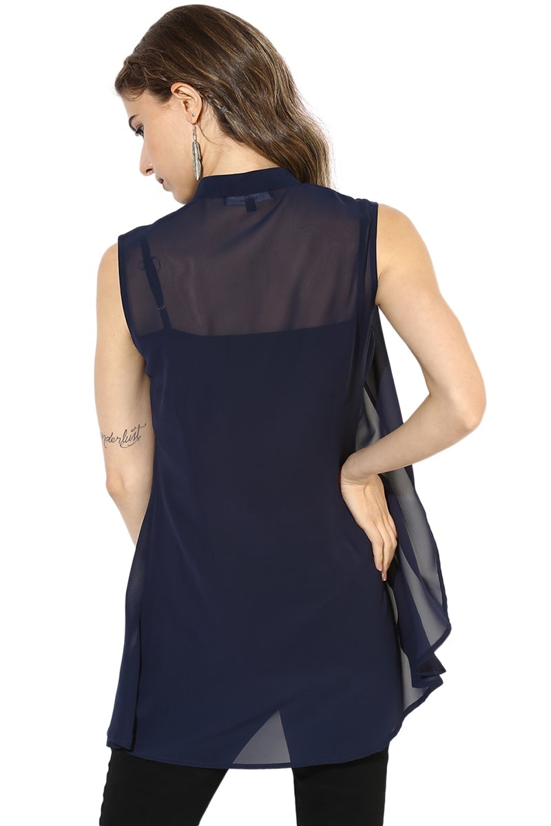 Blue Medium Length Mandarin Collar Polyester Top