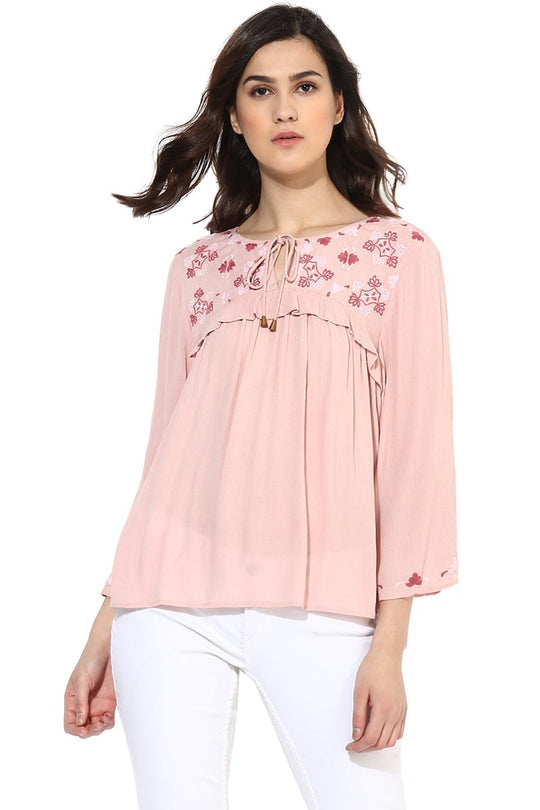 Pink Medium Length Tie-Up Neck Polyester Top