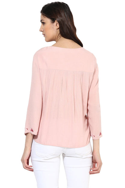 Pink Medium Length Tie-Up Neck Polyester Top