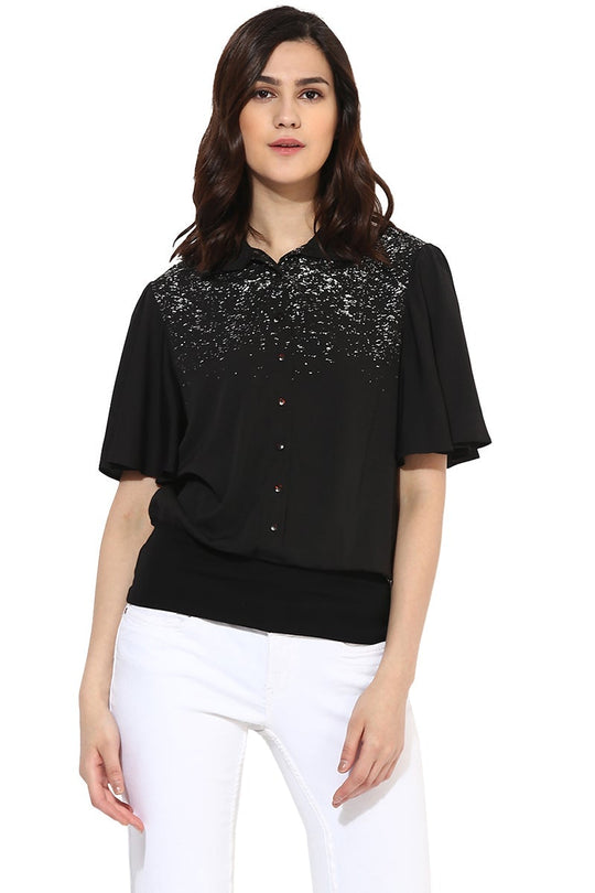Black Medium Length Shirt Collar Polyester Top