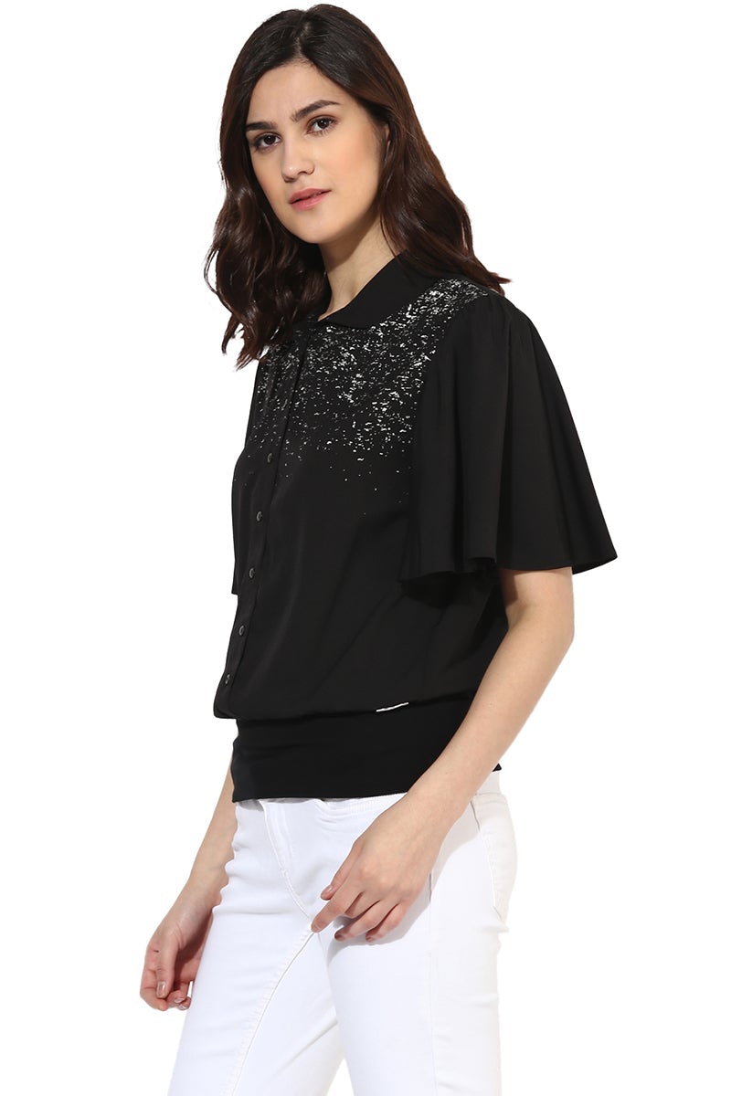 Black Medium Length Shirt Collar Polyester Top
