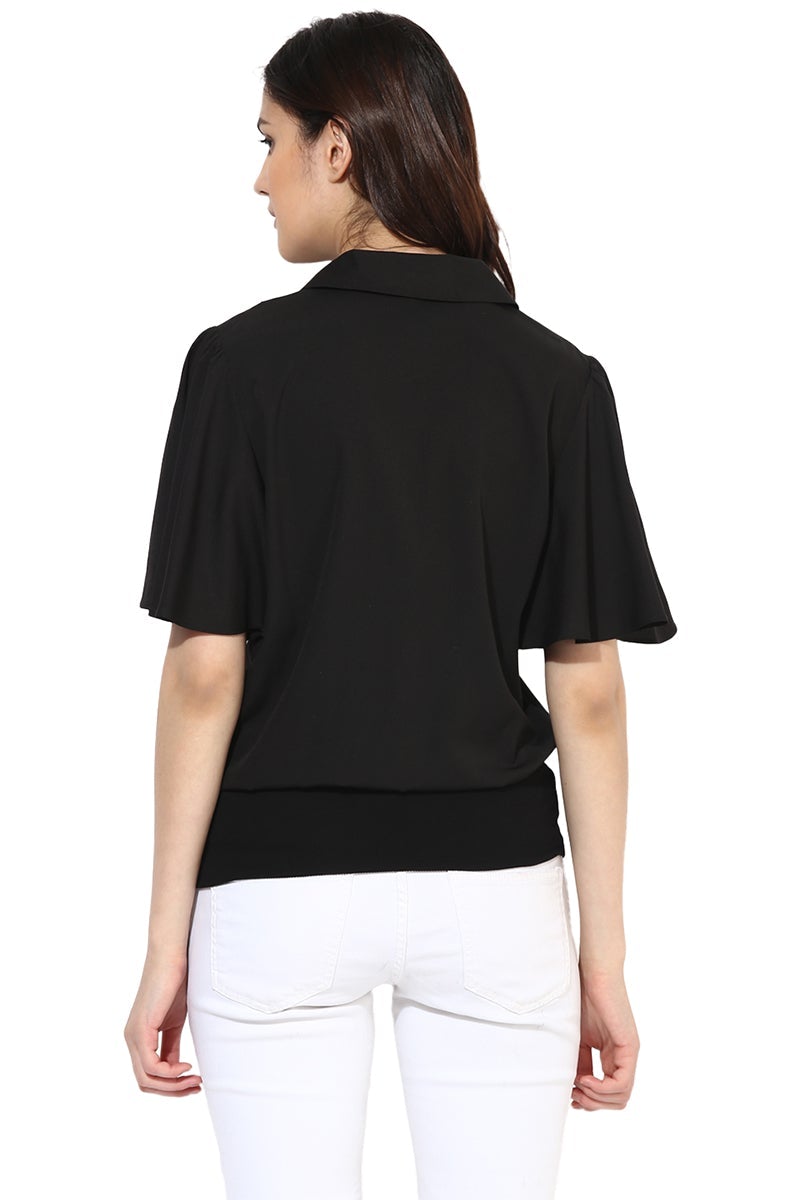 Black Medium Length Shirt Collar Polyester Top