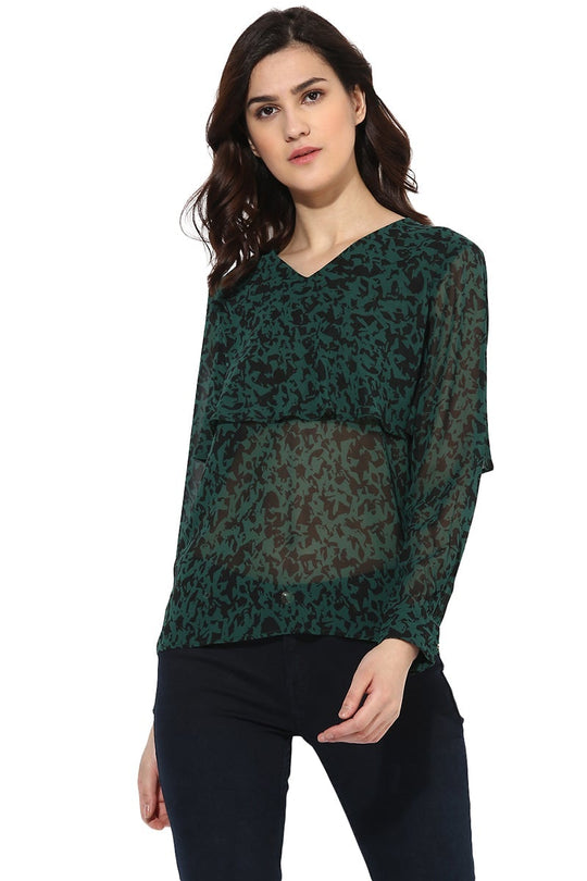 Green Medium Length V-Neck Polyester Top
