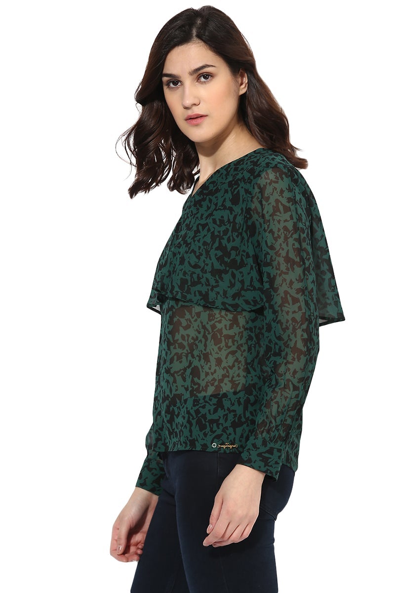 Green Medium Length V-Neck Polyester Top