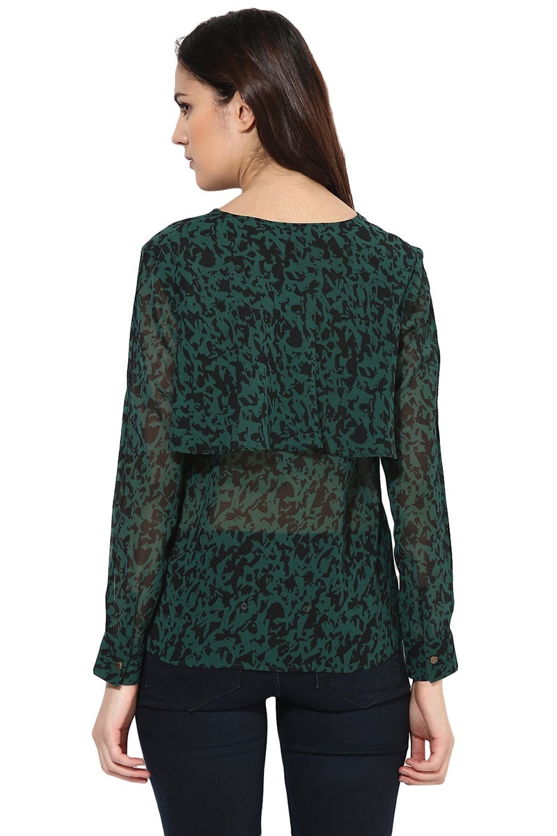 Green Medium Length V-Neck Polyester Top