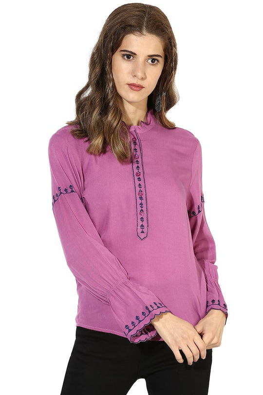 Purple Medium Length Mandarin Collar Polyester Top