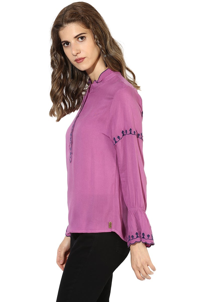 Purple Medium Length Mandarin Collar Polyester Top