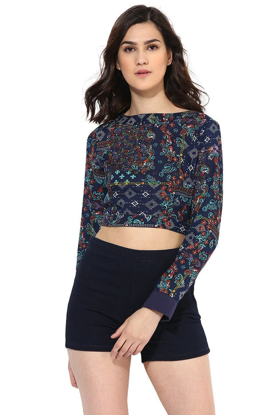 MultiColor Medium Length Boat Neck Polyester Crop Top
