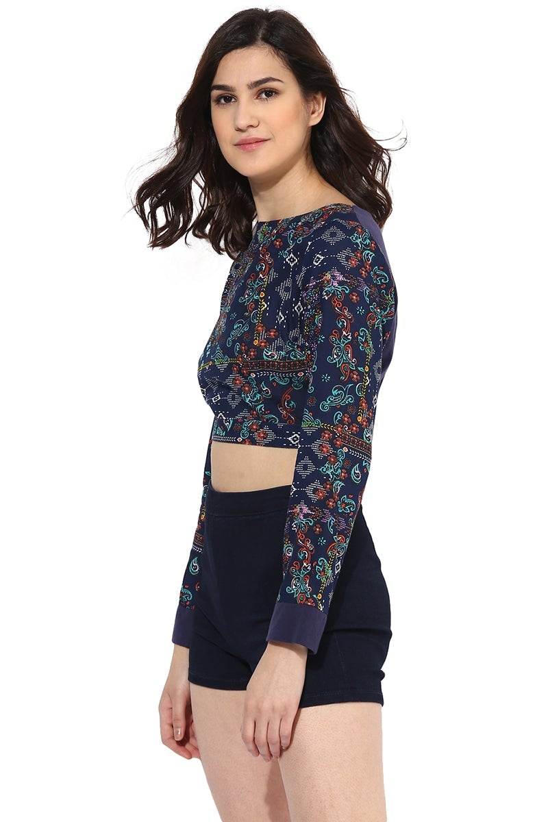 MultiColor Medium Length Boat Neck Polyester Crop Top