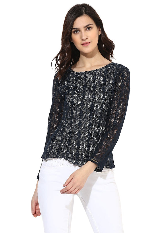 Blue Medium Length Round Neck Cotton Top