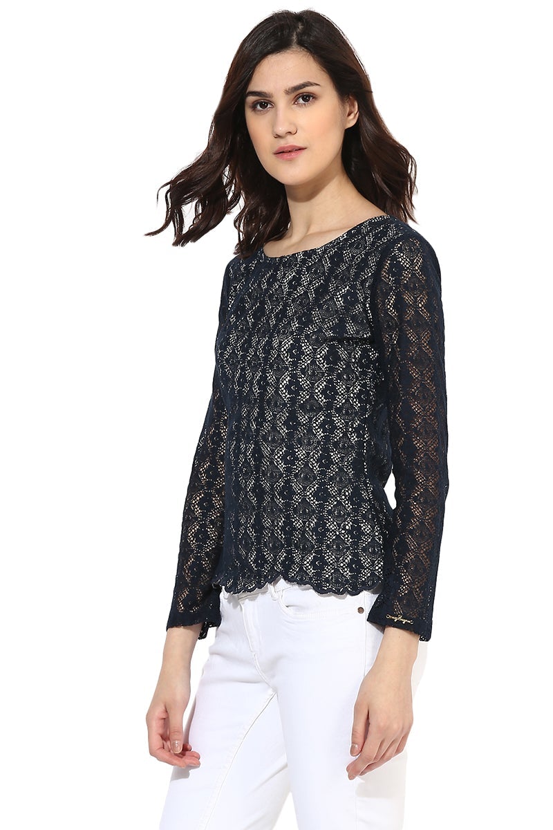 Blue Medium Length Round Neck Cotton Top