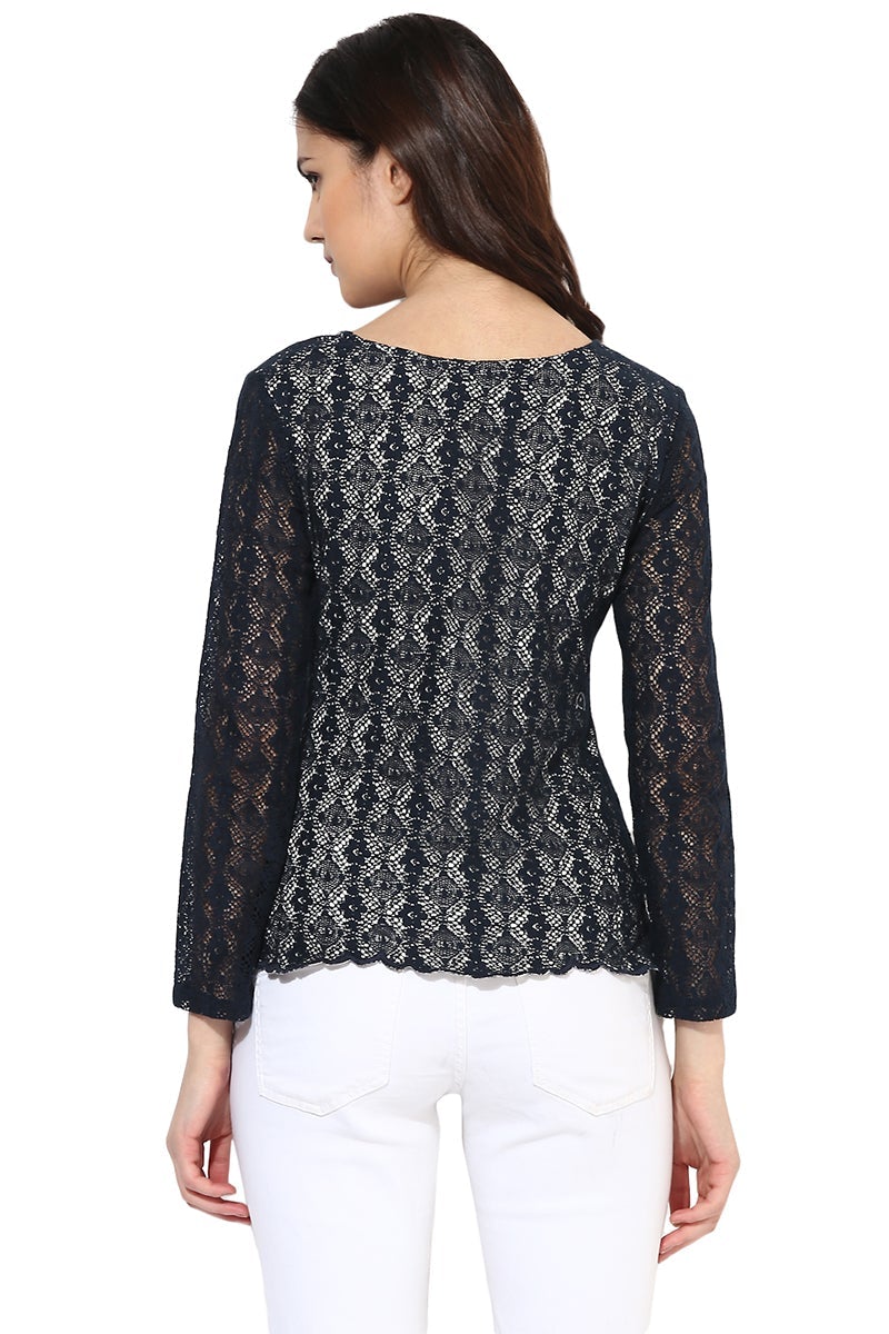 Blue Medium Length Round Neck Cotton Top