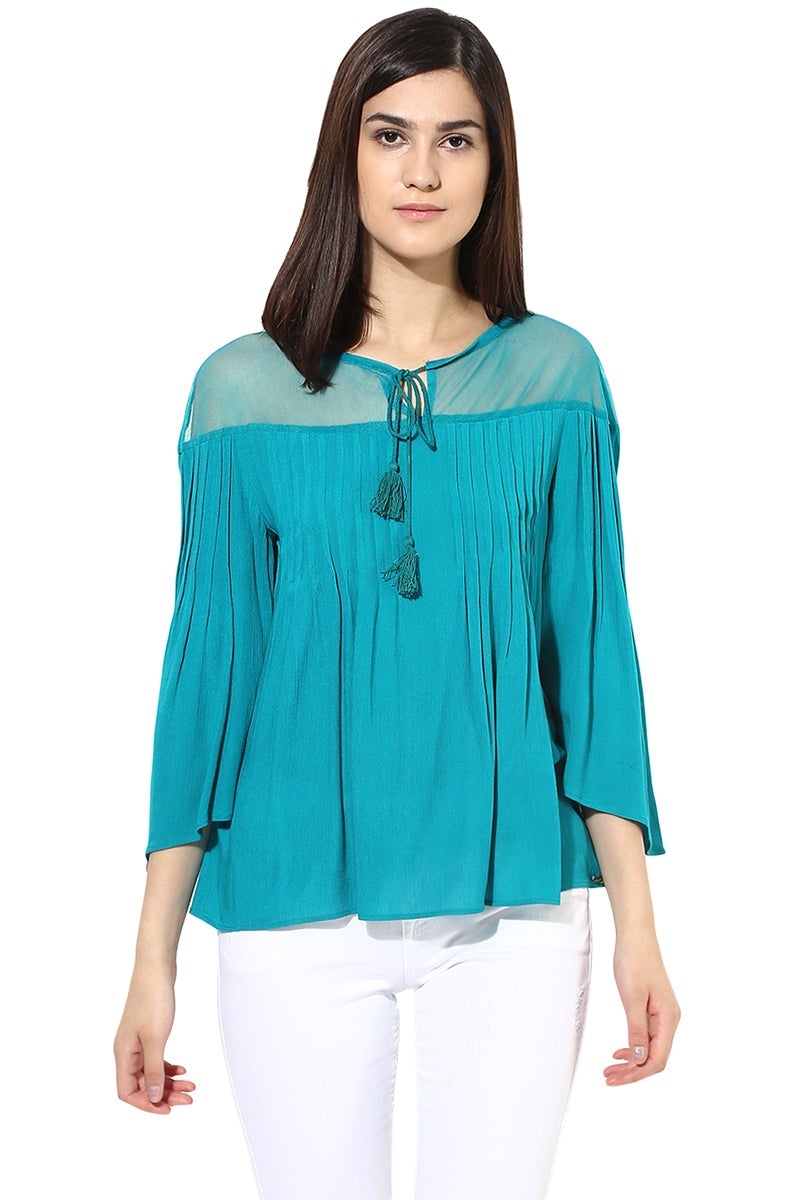 Aqua Medium Length Tie - Up Neck Rayon Top