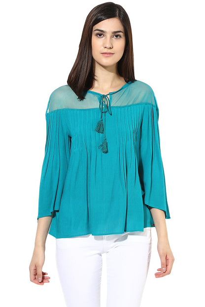 Aqua Medium Length Tie - Up Neck Rayon Top