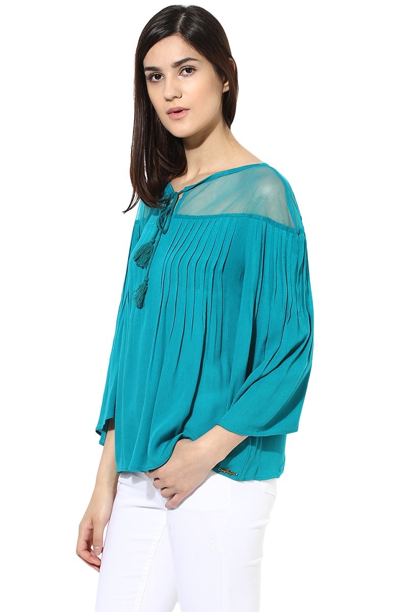 Aqua Medium Length Tie - Up Neck Rayon Top