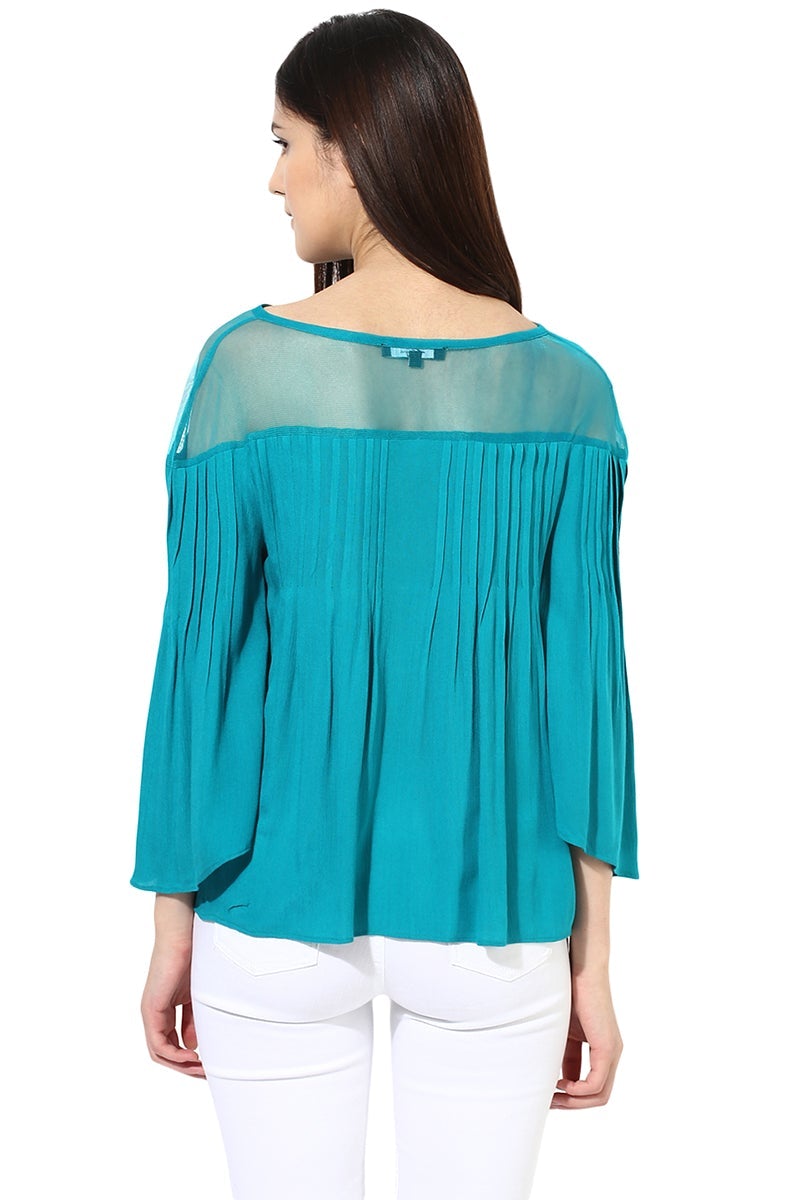 Aqua Medium Length Tie - Up Neck Rayon Top
