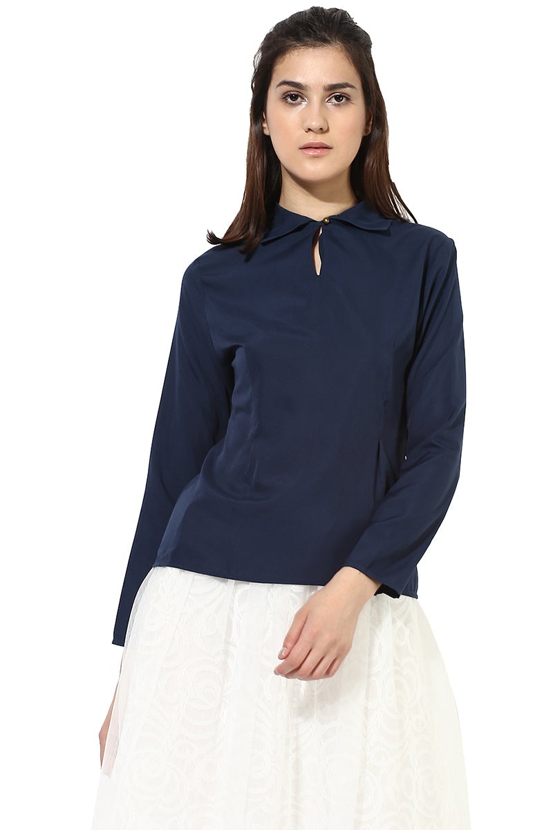 Navy Blue Medium Length Shirt Collar Polyester Top