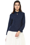 Navy Blue Medium Length Shirt Collar Polyester Top