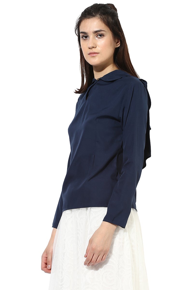 Navy Blue Medium Length Shirt Collar Polyester Top