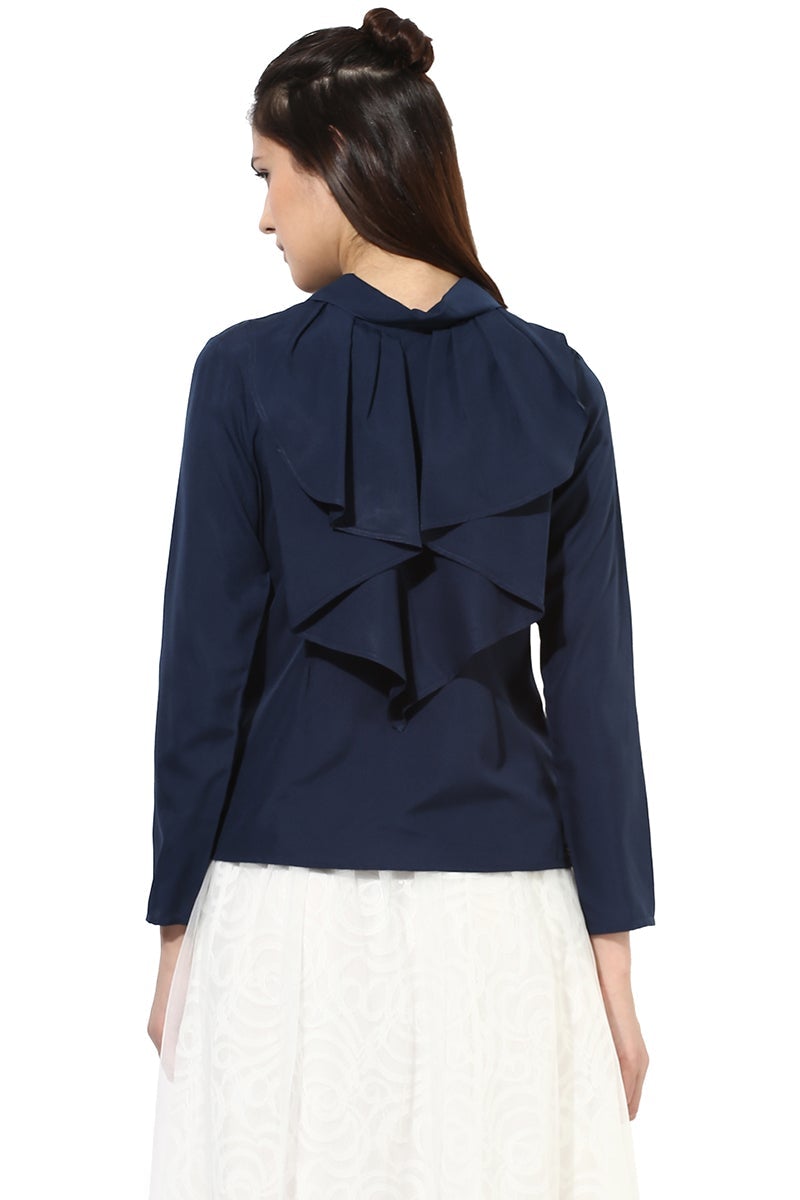 Navy Blue Medium Length Shirt Collar Polyester Top