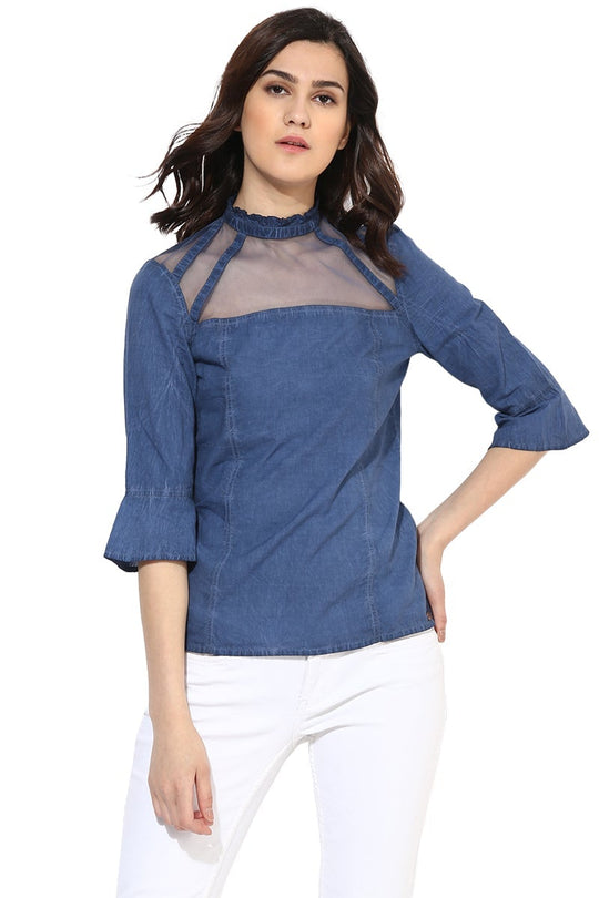Blue Medium Length Choker Neck Cotton Top