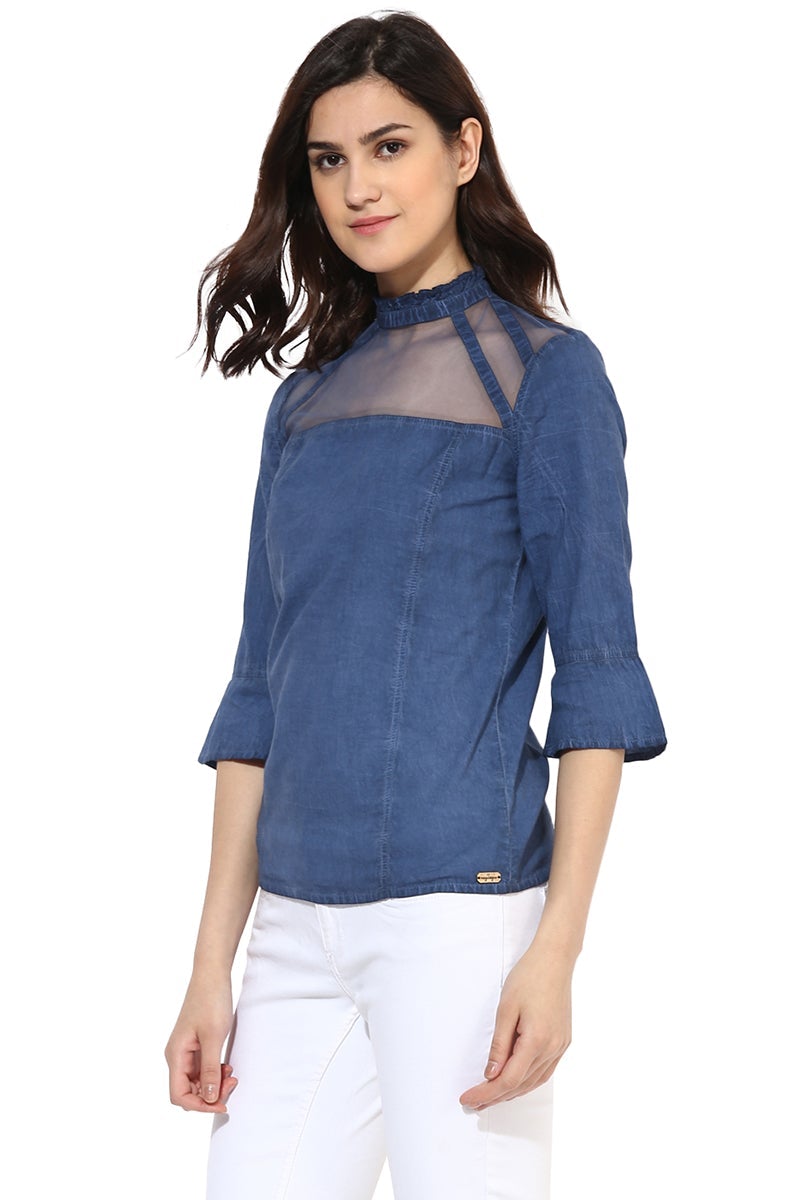 Blue Medium Length Choker Neck Cotton Top