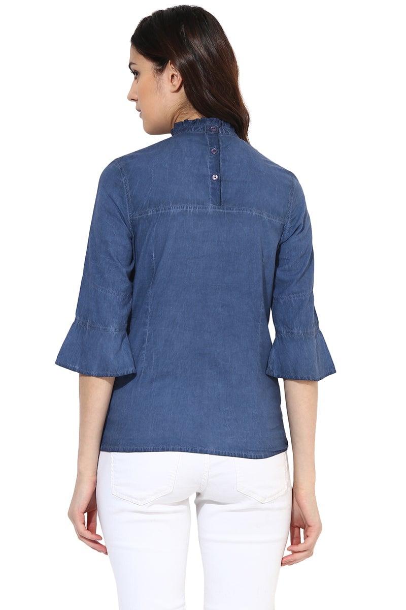 Blue Medium Length Choker Neck Cotton Top