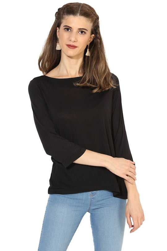 Black Medium Length Round Neck Cotton Top