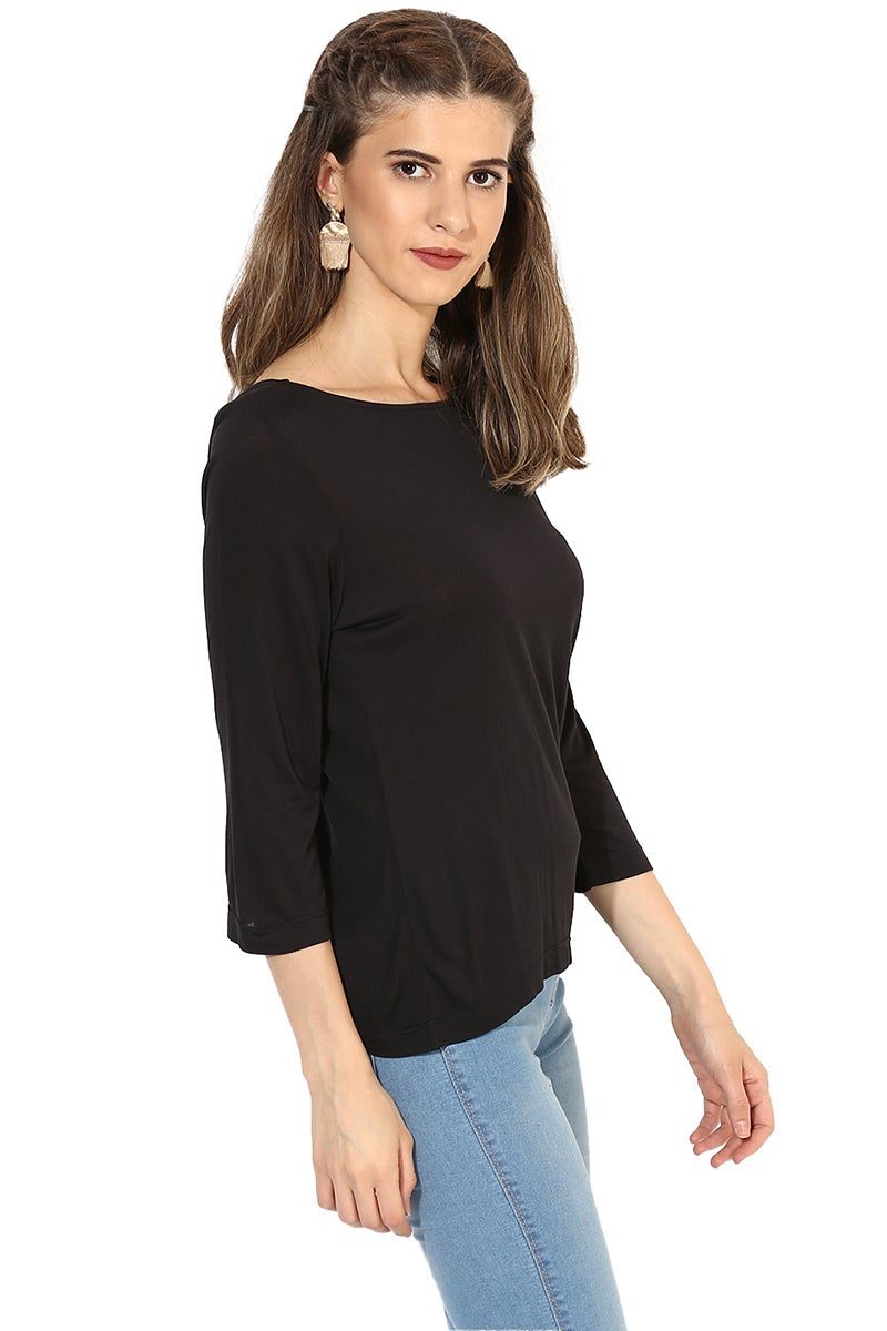 Black Medium Length Round Neck Cotton Top