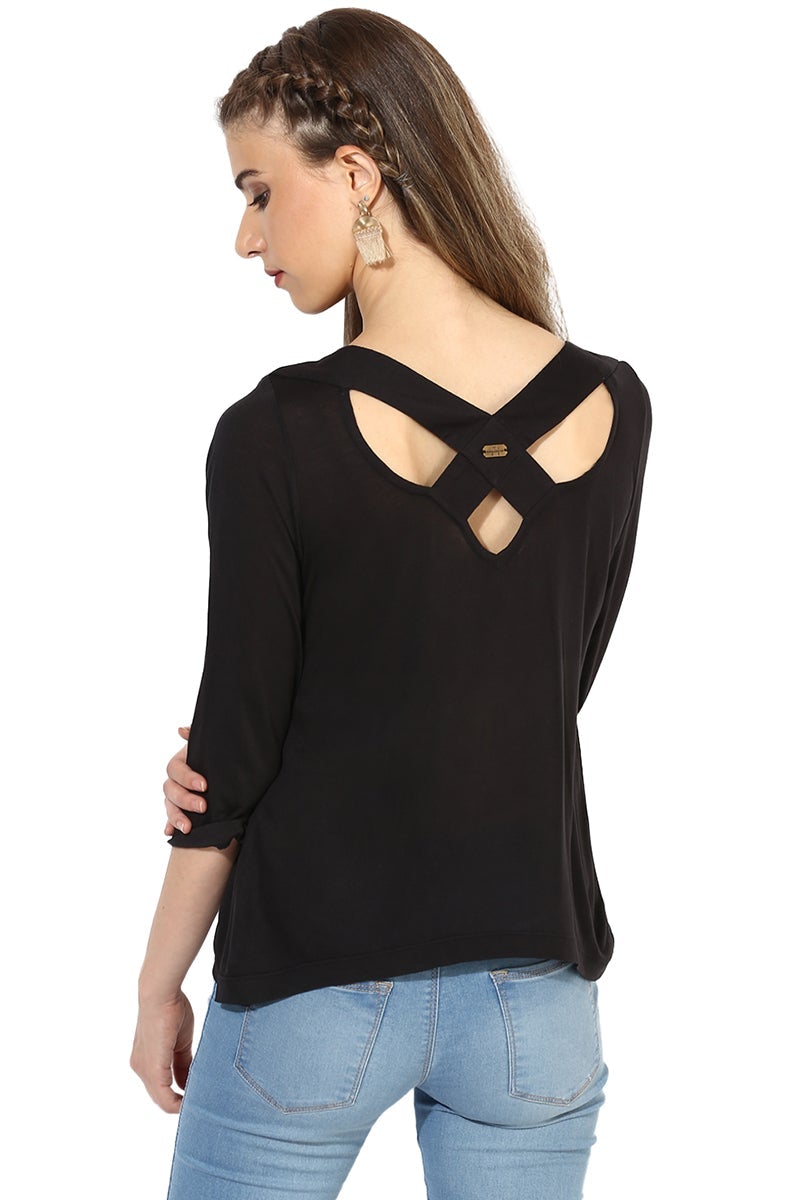 Black Medium Length Round Neck Cotton Top