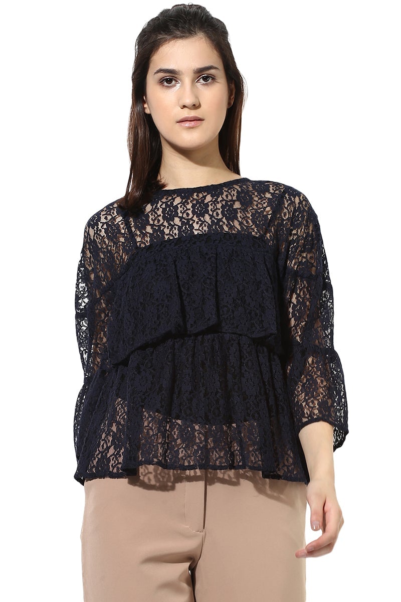 Dark Blue Medium Length Round Neck Cotton Top