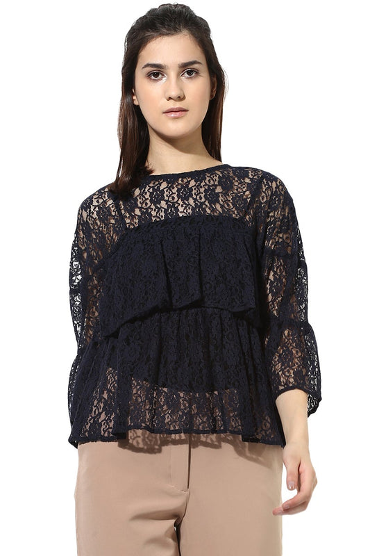 Dark Blue Medium Length Round Neck Cotton Top