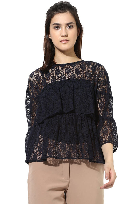 Dark Blue Medium Length Round Neck Cotton Top