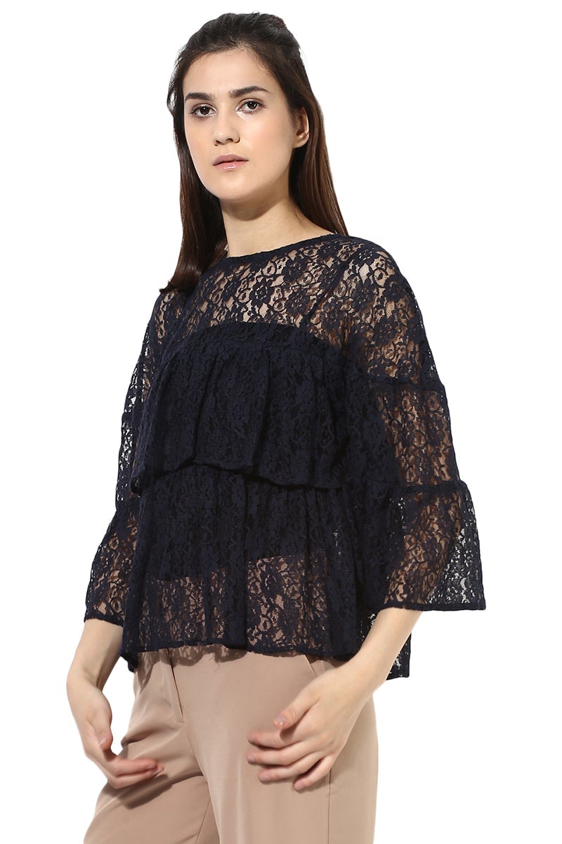 Dark Blue Medium Length Round Neck Cotton Top