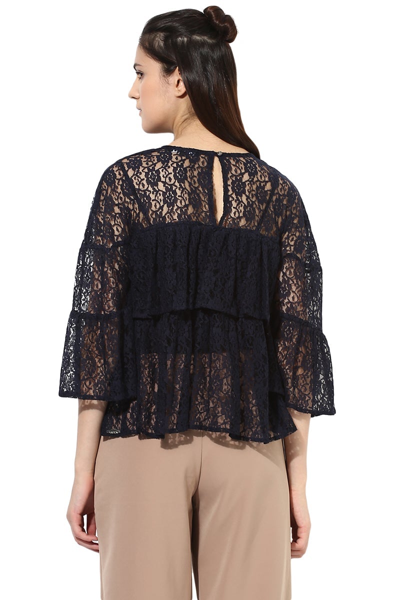Dark Blue Medium Length Round Neck Cotton Top