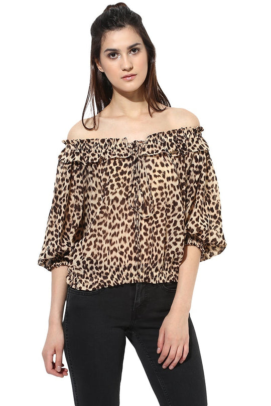 Brown Medium Length Off Shoulder Polyester Top